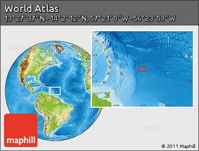 Physical Location Map of the Area around 13° 44' 54" N, 56° 52' 30" W