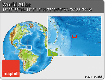Physical Location Map of the Area around 13° 44' 54" N, 56° 52' 30" W