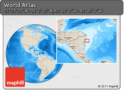 Shaded Relief Location Map of the Area around 13° 44' 54" N, 83° 13' 29" W