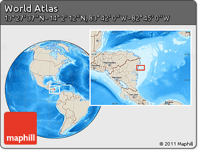 Shaded Relief Location Map of the Area around 13° 44' 54" N, 83° 13' 29" W