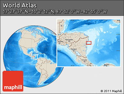 Shaded Relief Location Map of the Area around 13° 44' 54" N, 83° 13' 29" W