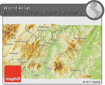 Physical 3D Map of the Area around 13° 44' 54" N, 85° 46' 30" W