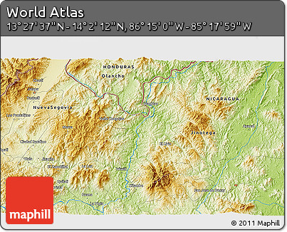 Physical 3D Map of the Area around 13° 44' 54" N, 85° 46' 30" W