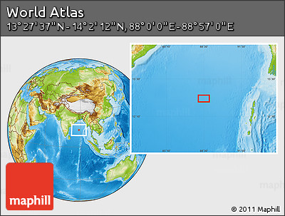 Physical Location Map of the Area around 13° 44' 54" N, 88° 28' 29" E
