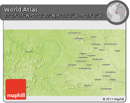 Physical 3D Map of the Area around 13° 44' 54" N, 8° 25' 30" W