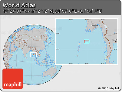 Gray Location Map of the Area around 13° 44' 54" N, 94° 25' 30" E