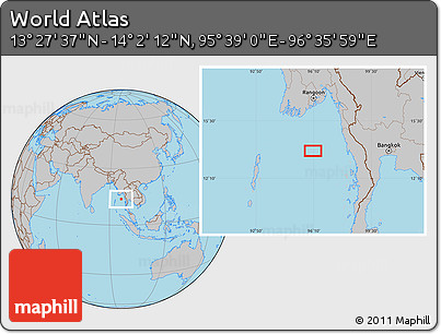 Gray Location Map of the Area around 13° 44' 54" N, 96° 7' 30" E