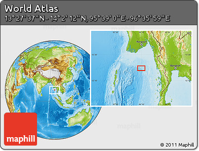 Physical Location Map of the Area around 13° 44' 54" N, 96° 7' 30" E