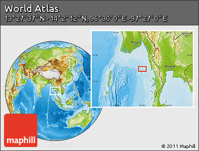 Physical Location Map of the Area around 13° 44' 54" N, 96° 58' 29" E