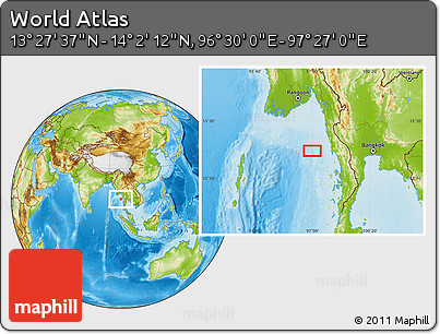 Physical Location Map of the Area around 13° 44' 54" N, 96° 58' 29" E
