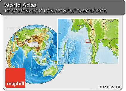 Physical Location Map of the Area around 13° 44' 54" N, 97° 49' 29" E
