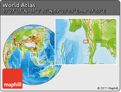 Physical Location Map of the Area around 13° 44' 54" N, 97° 49' 29" E