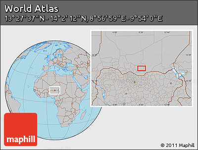 Gray Location Map of the Area around 13° 44' 54" N, 9° 25' 30" E