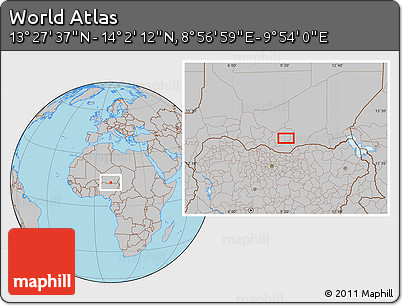 Gray Location Map of the Area around 13° 44' 54" N, 9° 25' 30" E