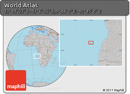Gray Location Map of the Area around 13° 24' 15" S, 10° 16' 30" E