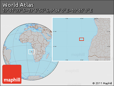 Gray Location Map of the Area around 13° 24' 15" S, 10° 16' 30" E