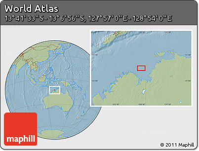 Savanna Style Location Map of the Area around 13° 24' 15" S, 128° 25' 30" E, hill shading