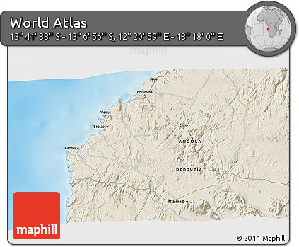 Shaded Relief 3D Map of the Area around 13° 24' 15" S, 12° 49' 29" E