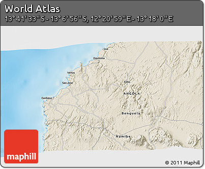 Shaded Relief 3D Map of the Area around 13° 24' 15" S, 12° 49' 29" E