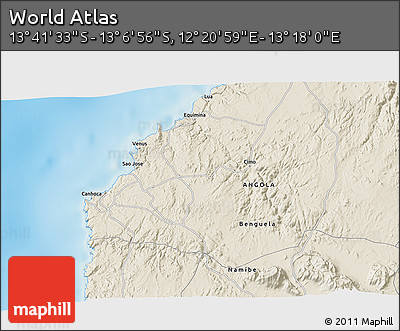 Shaded Relief 3D Map of the Area around 13° 24' 15" S, 12° 49' 29" E