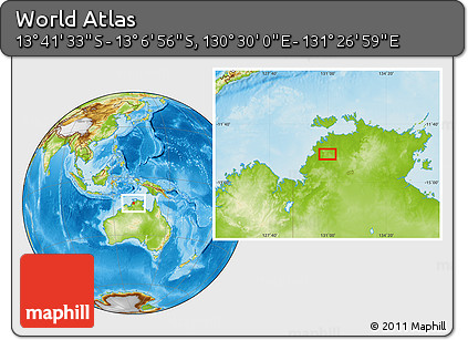 Physical Location Map of the Area around 13° 24' 15" S, 130° 58' 29" E