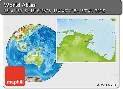 Physical Location Map of the Area around 13° 24' 15" S, 135° 13' 29" E