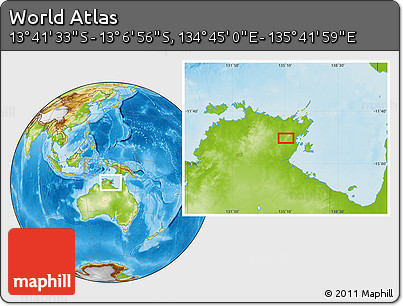 Physical Location Map of the Area around 13° 24' 15" S, 135° 13' 29" E