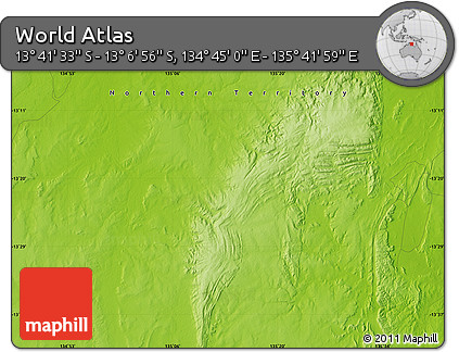 Physical Map of the Area around 13° 24' 15" S, 135° 13' 29" E
