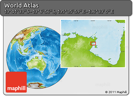 Physical Location Map of the Area around 13° 24' 15" S, 136° 4' 29" E