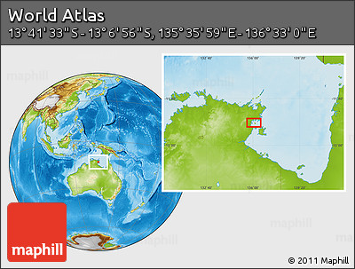 Physical Location Map of the Area around 13° 24' 15" S, 136° 4' 29" E