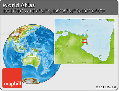 Physical Location Map of the Area around 13° 24' 15" S, 136° 4' 29" E