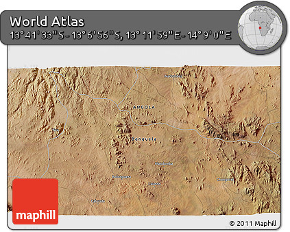 Satellite 3D Map of the Area around 13° 24' 15" S, 13° 40' 30" E