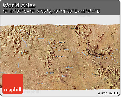 Satellite 3D Map of the Area around 13° 24' 15" S, 13° 40' 30" E