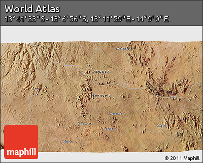 Satellite 3D Map of the Area around 13° 24' 15" S, 13° 40' 30" E