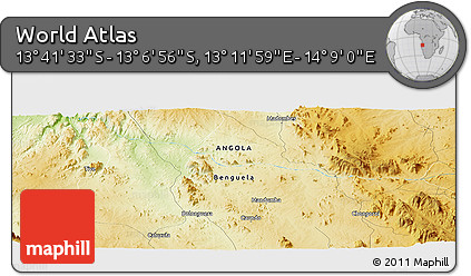 Physical Panoramic Map of the Area around 13° 24' 15" S, 13° 40' 30" E