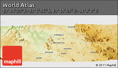 Physical Panoramic Map of the Area around 13° 24' 15" S, 13° 40' 30" E