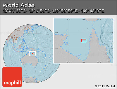 Gray Location Map of the Area around 13° 24' 15" S, 140° 19' 29" E, hill shading