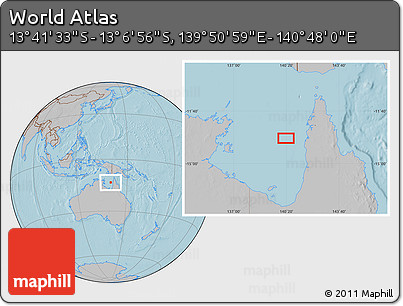 Gray Location Map of the Area around 13° 24' 15" S, 140° 19' 29" E, hill shading