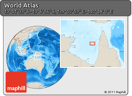Shaded Relief Location Map of the Area around 13° 24' 15" S, 140° 19' 29" E