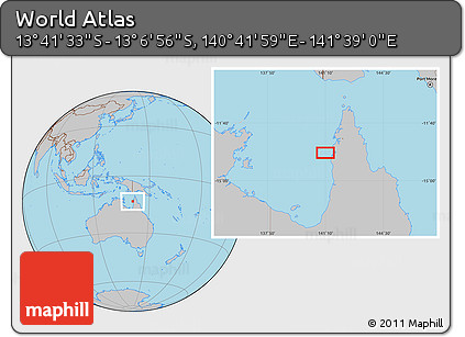 Gray Location Map of the Area around 13° 24' 15" S, 141° 10' 30" E
