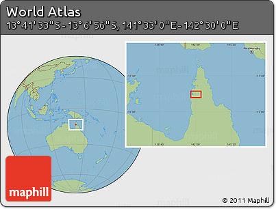 Savanna Style Location Map of the Area around 13° 24' 15" S, 142° 1' 30" E