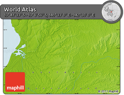 Physical Map of the Area around 13° 24' 15" S, 142° 1' 30" E