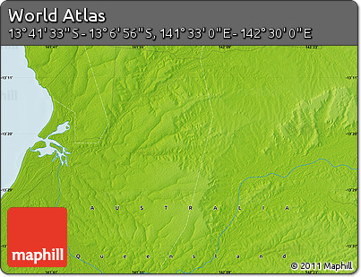 Physical Map of the Area around 13° 24' 15" S, 142° 1' 30" E
