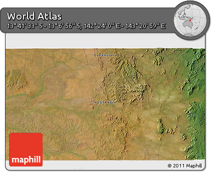Satellite 3D Map of the Area around 13° 24' 15" S, 142° 52' 30" E