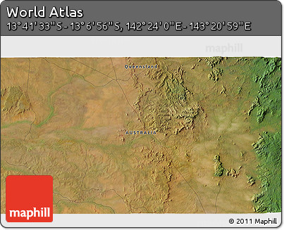 Satellite 3D Map of the Area around 13° 24' 15" S, 142° 52' 30" E