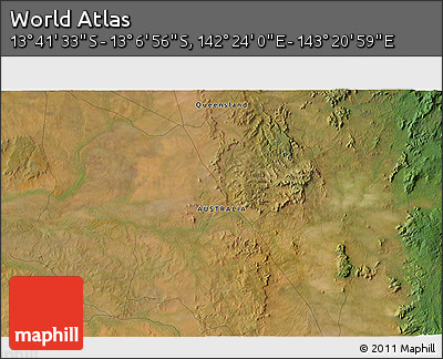 Satellite 3D Map of the Area around 13° 24' 15" S, 142° 52' 30" E