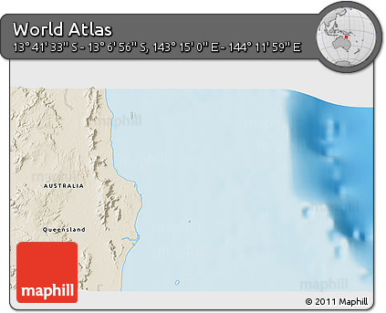 Shaded Relief 3D Map of the Area around 13° 24' 15" S, 143° 43' 29" E