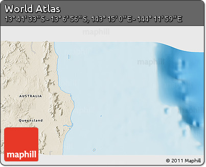 Shaded Relief 3D Map of the Area around 13° 24' 15" S, 143° 43' 29" E