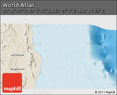 Shaded Relief 3D Map of the Area around 13° 24' 15" S, 143° 43' 29" E