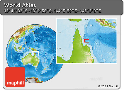 Physical Location Map of the Area around 13° 24' 15" S, 144° 34' 29" E
